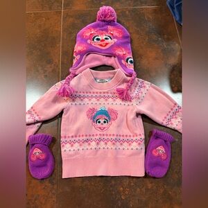 Abby Cadabby Pink and Purple Character Sweater, Hat and Matching mittens 2t